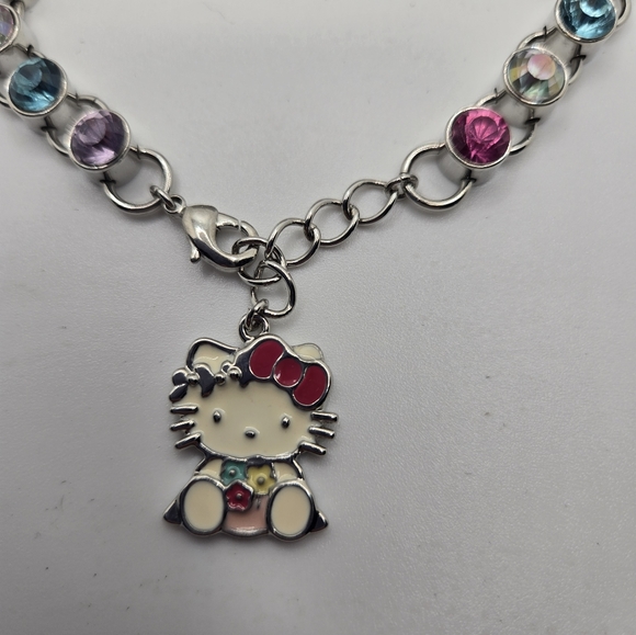 Hello Kitty Charm Bracelet Rhinestone Sanrio with Box Enamel Silvertone Gift - Picture 10 of 11